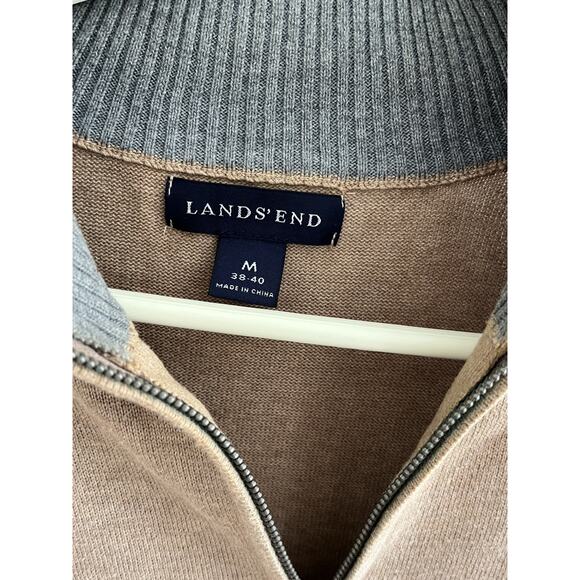 Lands End Men M Pullover Ribbed Knit Sweater 1/4 Zipper Tan Preppy - Picture 2 of 7